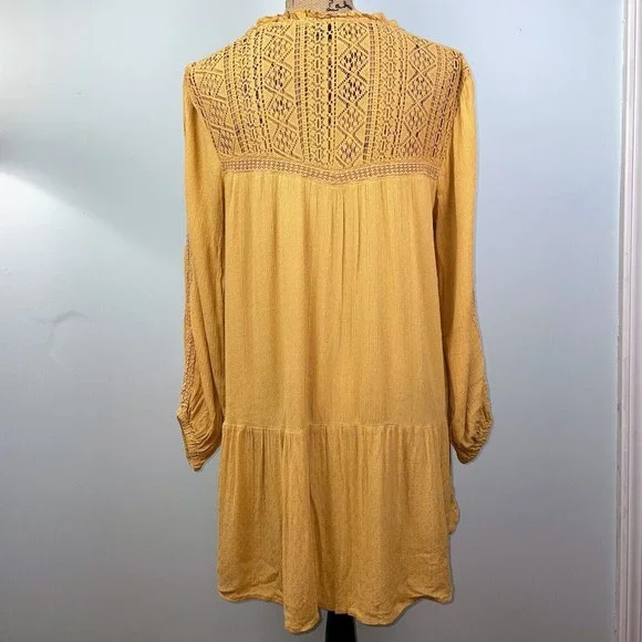 American Eagle Yellow Tunic Top Bohemian Lace Tassels Long Sleeved Womens Medium - Picture 6 of 9